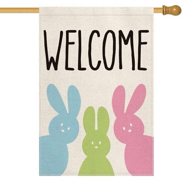 Easter Bunny House Flag 12x18 Inch Double Sided Outside, Welcome Rabbit Spring R - Picture 1 of 5